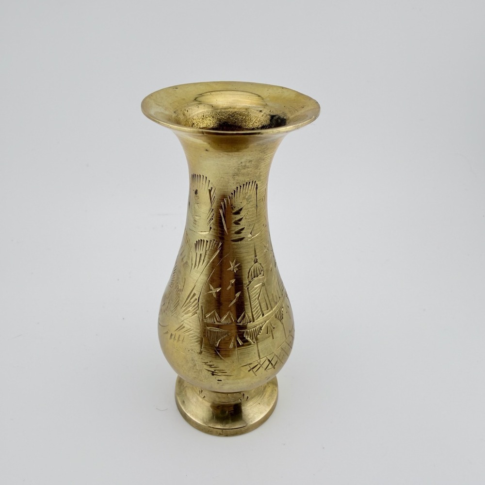 Small Gold Tone Etched Brass Bud Vase Scenic Hand Engraved Decor